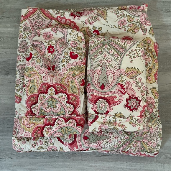 Pottery Barn Twin Duvet + Euro + Standard Sham Pink Cream Sage Red Floral Stripe
